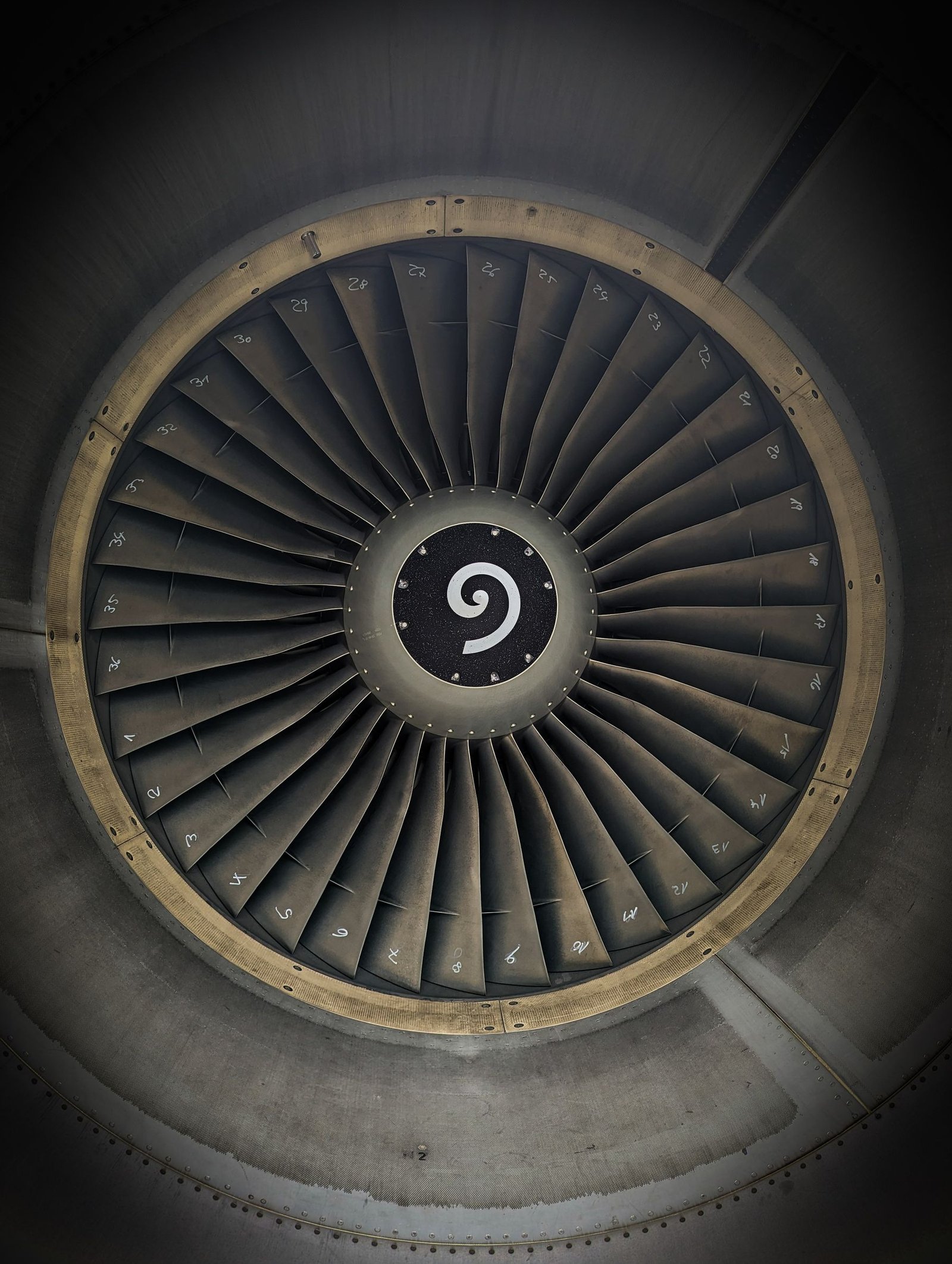 Close-up of aircraft engine fan blades